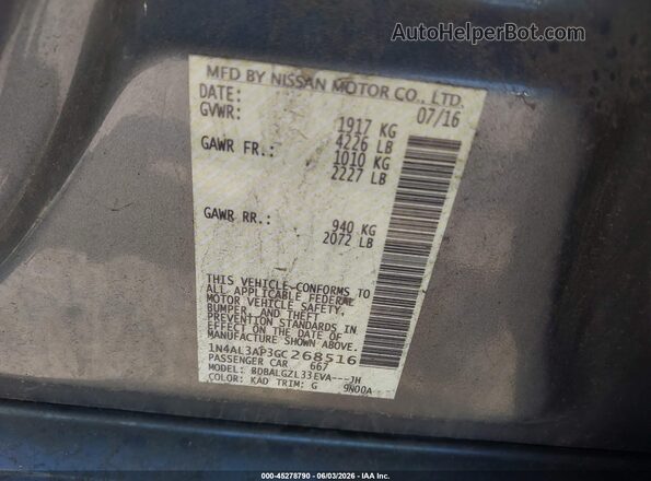 1N4AL3AP3GC268516 2016 NISSAN ALTIMA Серый Вид подкапотного пространства