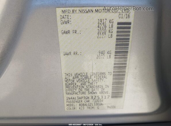 1N4AL3AP3GN325317 2016 NISSAN ALTIMA Серебряный Вид подкапотного пространства