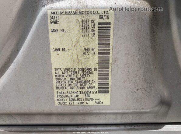 1N4AL3AP3HC108959 2017 NISSAN ALTIMA Gray Vista del compartimento del motor