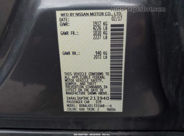 1N4AL3AP3HC213940 2017 NISSAN ALTIMA Gray ძრავის განყოფილების ხედი
