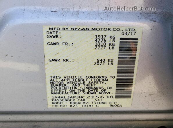 1N4AL3AP3HC215638 2017 NISSAN ALTIMA Серебряный Вид наклейки с VIN-кодом