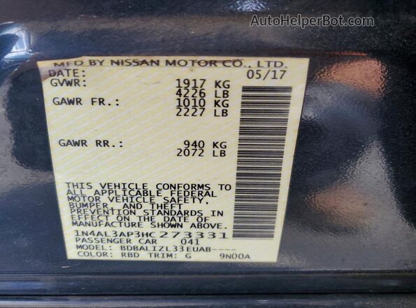 1N4AL3AP3HC273331 2017 NISSAN ALTIMA Черный Вид подкапотного пространства