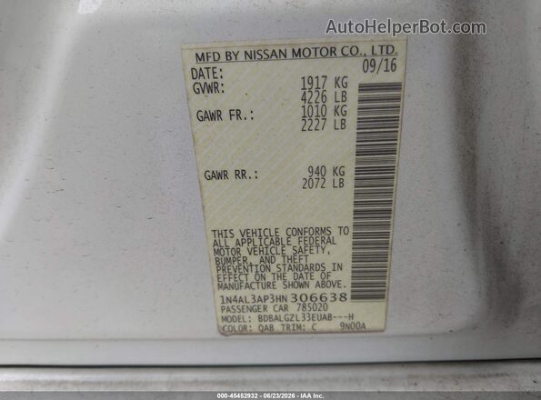 1N4AL3AP3HN306638 2017 NISSAN ALTIMA White ძრავის განყოფილების ხედი
