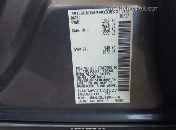 1N4AL3AP3JC123127 2018 NISSAN ALTIMA Серый Вид подкапотного пространства
