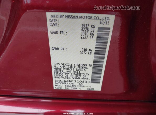 1N4AL3AP4GC110833 2016 NISSAN ALTIMA Red Widok komory silnika