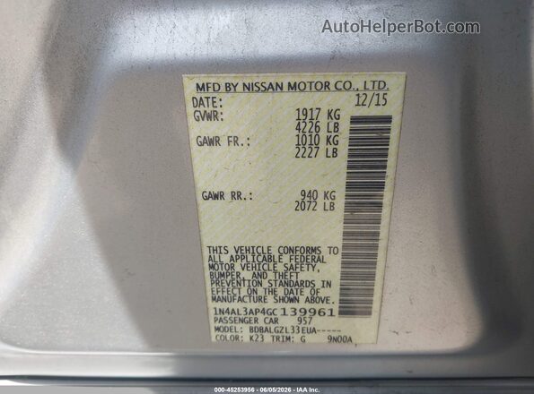 1N4AL3AP4GC139961 2016 NISSAN ALTIMA Silver ძრავის განყოფილების ხედი