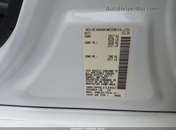 1N4AL3AP4GC153407 2016 NISSAN ALTIMA White Вид підкапотного простору