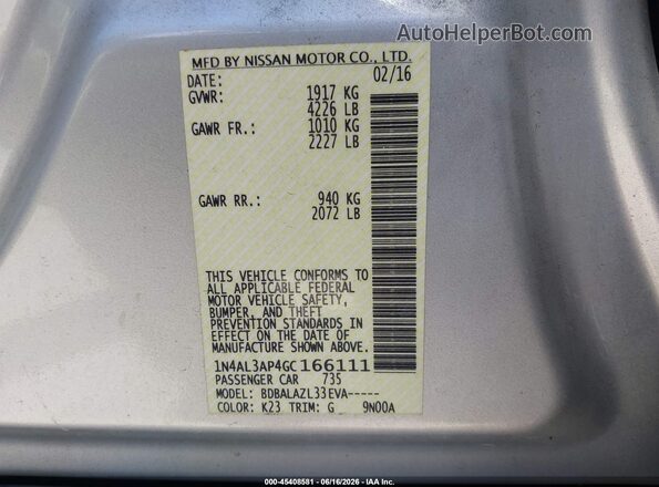 1N4AL3AP4GC166111 2016 NISSAN ALTIMA Silver ძრავის განყოფილების ხედი