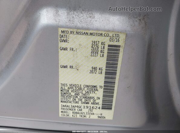 1N4AL3AP4GC191624 2016 NISSAN ALTIMA Серебряный Вид подкапотного пространства