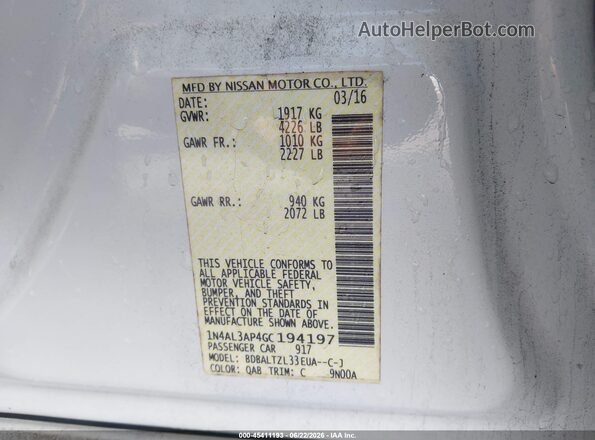 1N4AL3AP4GC194197 2016 NISSAN ALTIMA White Շարժիչի բաժամունքի տեսք