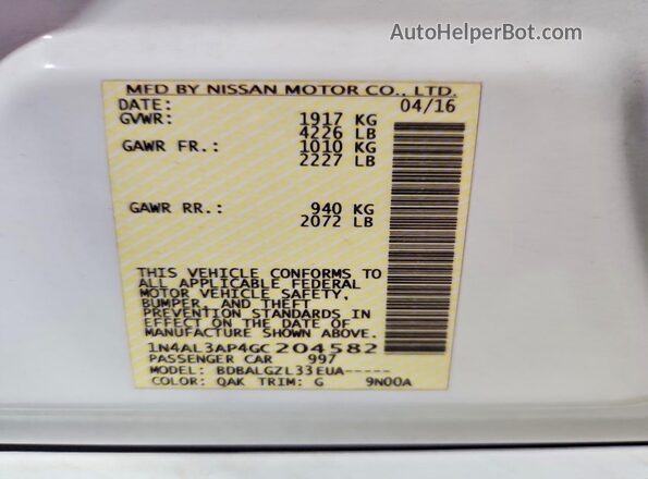 1N4AL3AP4GC204582 2016 NISSAN ALTIMA White Widok komory silnika