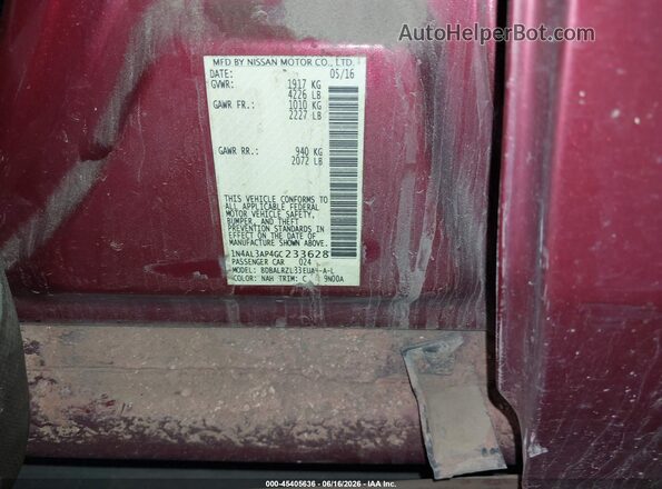 1N4AL3AP4GC233628 2016 NISSAN ALTIMA Red Շարժիչի բաժամունքի տեսք