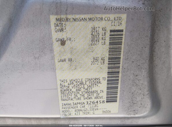 1N4AL3AP4GN326458 2016 NISSAN ALTIMA Silver Vista del compartimento del motor