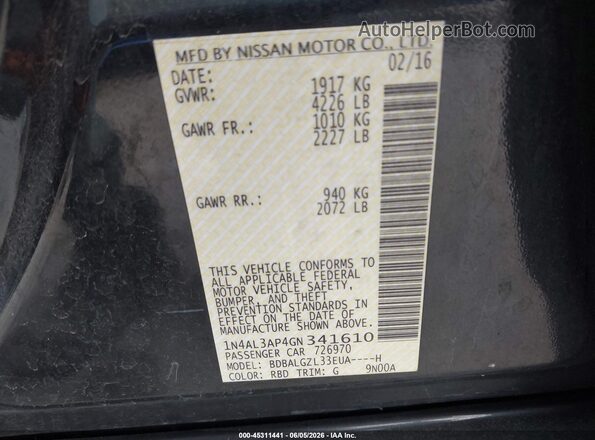 1N4AL3AP4GN341610 2016 NISSAN ALTIMA Черный Вид подкапотного пространства