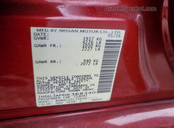 1N4AL3AP4GN368340 2016 NISSAN ALTIMA Maroon Вид наклейки з VIN-кодом