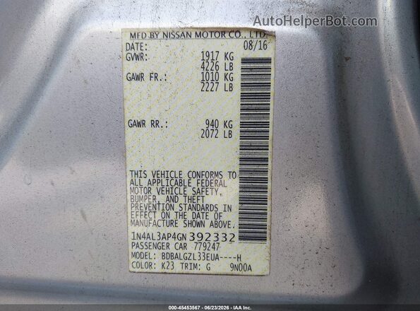 1N4AL3AP4GN392332 2016 NISSAN ALTIMA Gray Widok komory silnika
