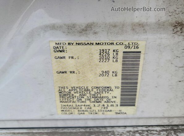 1N4AL3AP4HC124183 2017 NISSAN ALTIMA White 
