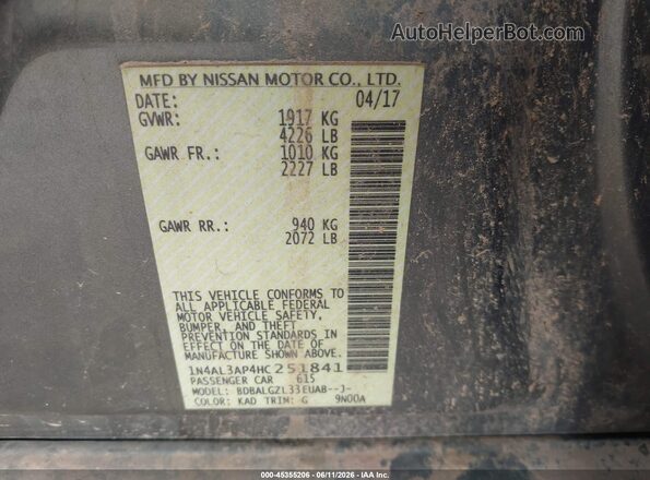 1N4AL3AP4HC251841 2017 NISSAN ALTIMA Gray Widok komory silnika