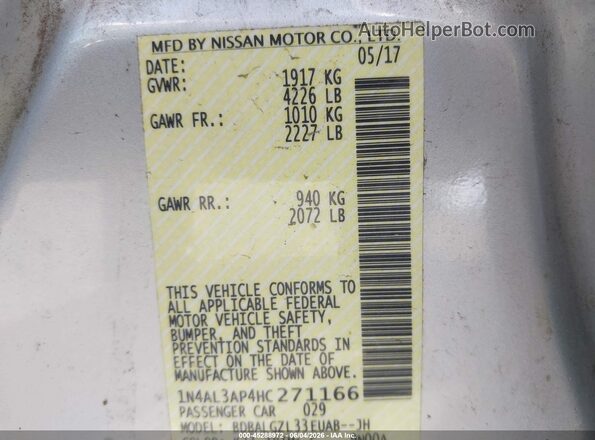 1N4AL3AP4HC271166 2017 NISSAN ALTIMA Серебряный Вид подкапотного пространства