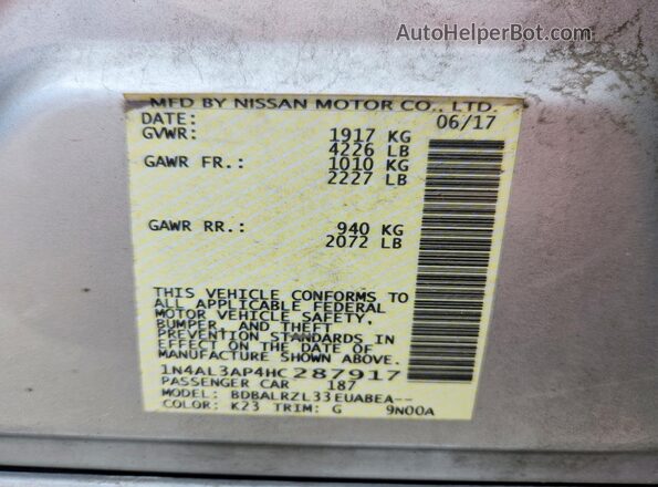 1N4AL3AP4HC287917 2017 NISSAN ALTIMA Silver 