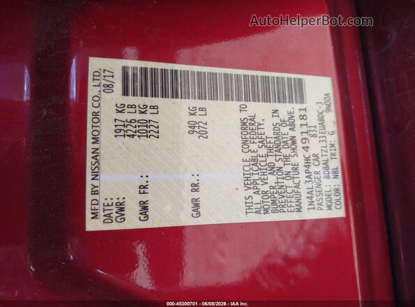 1N4AL3AP4HC491181 2017 NISSAN ALTIMA Red Շարժիչի բաժամունքի տեսք