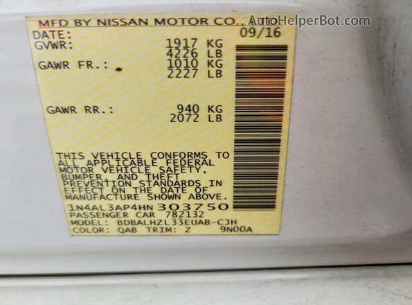 1N4AL3AP4HN303750 2017 NISSAN ALTIMA White Widok naklejki z numerem VIN