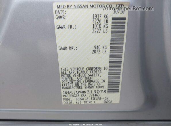 1N4AL3AP4HN313078 2017 NISSAN ALTIMA Silver ძრავის განყოფილების ხედი