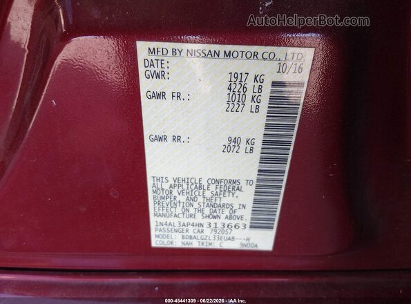1N4AL3AP4HN313663 2017 NISSAN ALTIMA Red Вид підкапотного простору