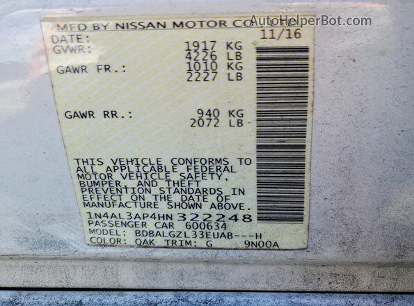 1N4AL3AP4HN322248 2017 NISSAN ALTIMA White VIN կոդի պիտակի տեսք