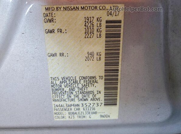 1N4AL3AP4HN352737 2017 NISSAN ALTIMA Silver Widok komory silnika