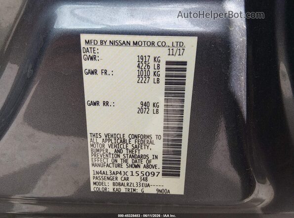 1N4AL3AP4JC155097 2018 NISSAN ALTIMA Gray ძრავის განყოფილების ხედი