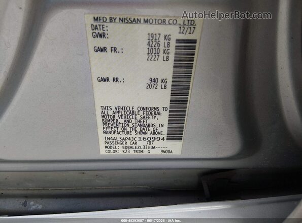 1N4AL3AP4JC160994 2018 NISSAN ALTIMA Silver Շարժիչի բաժամունքի տեսք