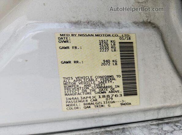 1N4AL3AP4JC188763 2018 NISSAN ALTIMA White Vista de la etiqueta del VIN