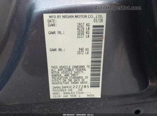 1N4AL3AP4JC227285 2018 NISSAN ALTIMA Gray Շարժիչի բաժամունքի տեսք