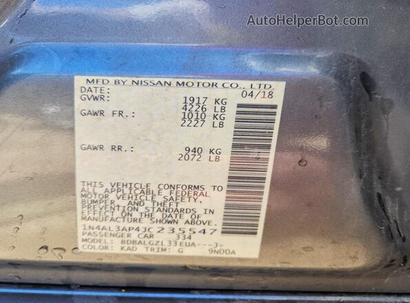 1N4AL3AP4JC235547 2018 NISSAN ALTIMA Gray ძრავის განყოფილების ხედი