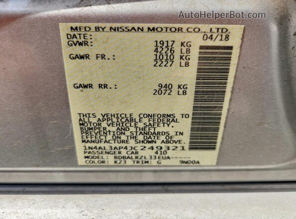 1N4AL3AP4JC249321 2018 NISSAN ALTIMA Silver Շարժիչի բաժամունքի տեսք