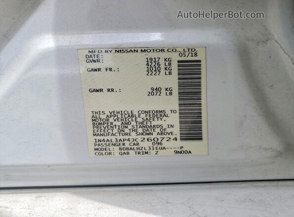 1N4AL3AP4JC260724 2018 NISSAN ALTIMA White ძრავის განყოფილების ხედი