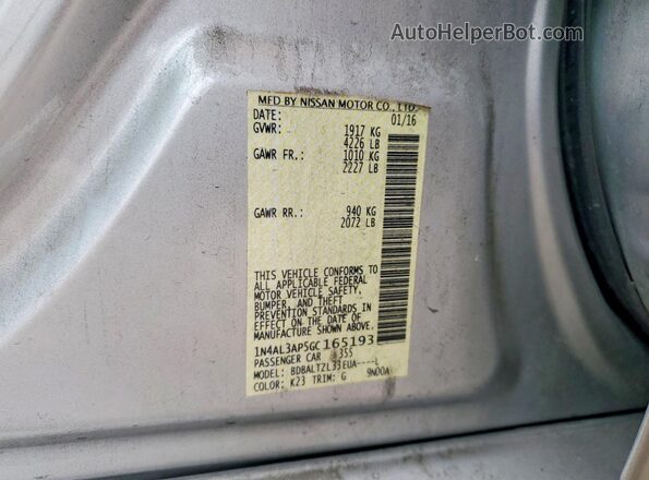1N4AL3AP5GC165193 2016 NISSAN ALTIMA Silver Vista del compartimento del motor
