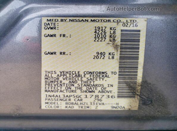 1N4AL3AP5GC178736 2016 NISSAN ALTIMA Gray Շարժիչի բաժամունքի տեսք