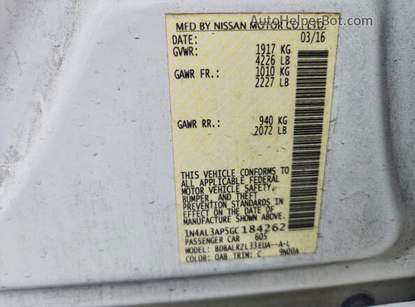 1N4AL3AP5GC184262 2016 NISSAN ALTIMA White VIN კოდის სტიკერის ხედი