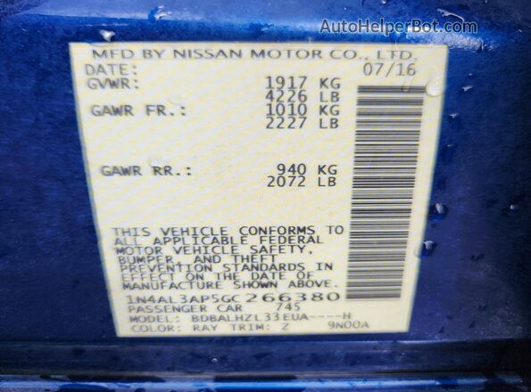 1N4AL3AP5GC266380 2016 NISSAN ALTIMA Синий 