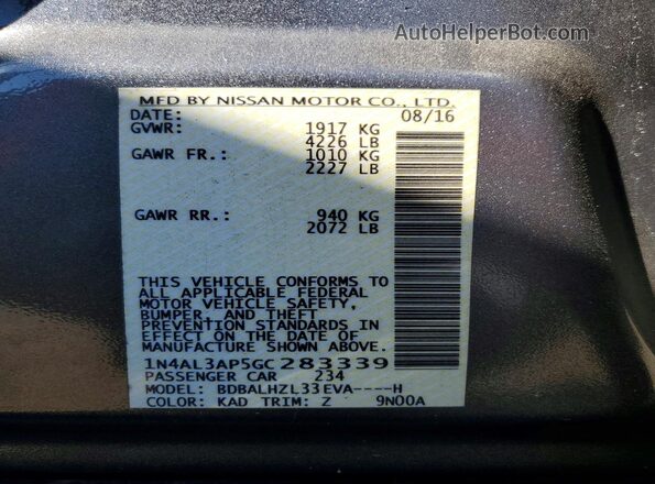 1N4AL3AP5GC283339 2016 NISSAN ALTIMA Gray VIN կոդի պիտակի տեսք