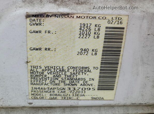 1N4AL3AP5GN337095 2016 NISSAN ALTIMA White Widok komory silnika
