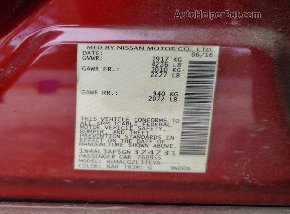 1N4AL3AP5GN374731 2016 NISSAN ALTIMA Red Vista del compartimento del motor