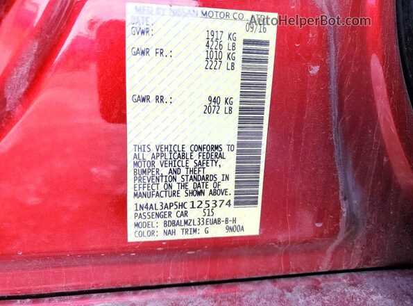 1N4AL3AP5HC125374 2017 NISSAN ALTIMA Red Vista de la etiqueta del VIN