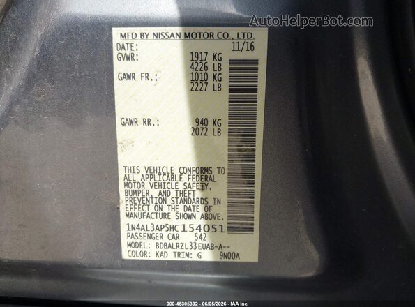 1N4AL3AP5HC154051 2017 NISSAN ALTIMA Gray Շարժիչի բաժամունքի տեսք