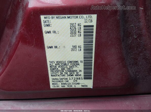 1N4AL3AP5HC172985 2017 NISSAN ALTIMA Red Widok komory silnika