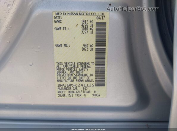 1N4AL3AP5HC241125 2017 NISSAN ALTIMA Silver Շարժիչի բաժամունքի տեսք