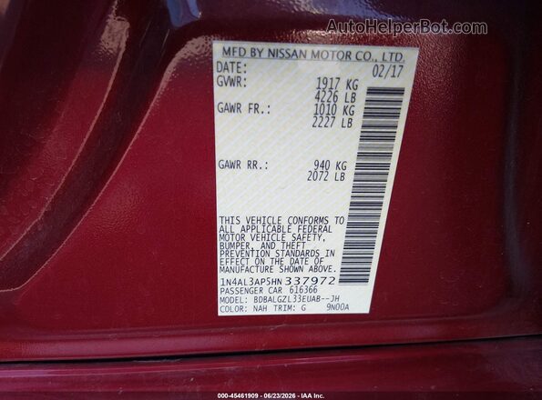 1N4AL3AP5HN337972 2017 NISSAN ALTIMA Red Widok komory silnika