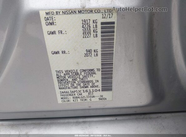 1N4AL3AP5JC161104 2018 NISSAN ALTIMA Серебряный Вид подкапотного пространства